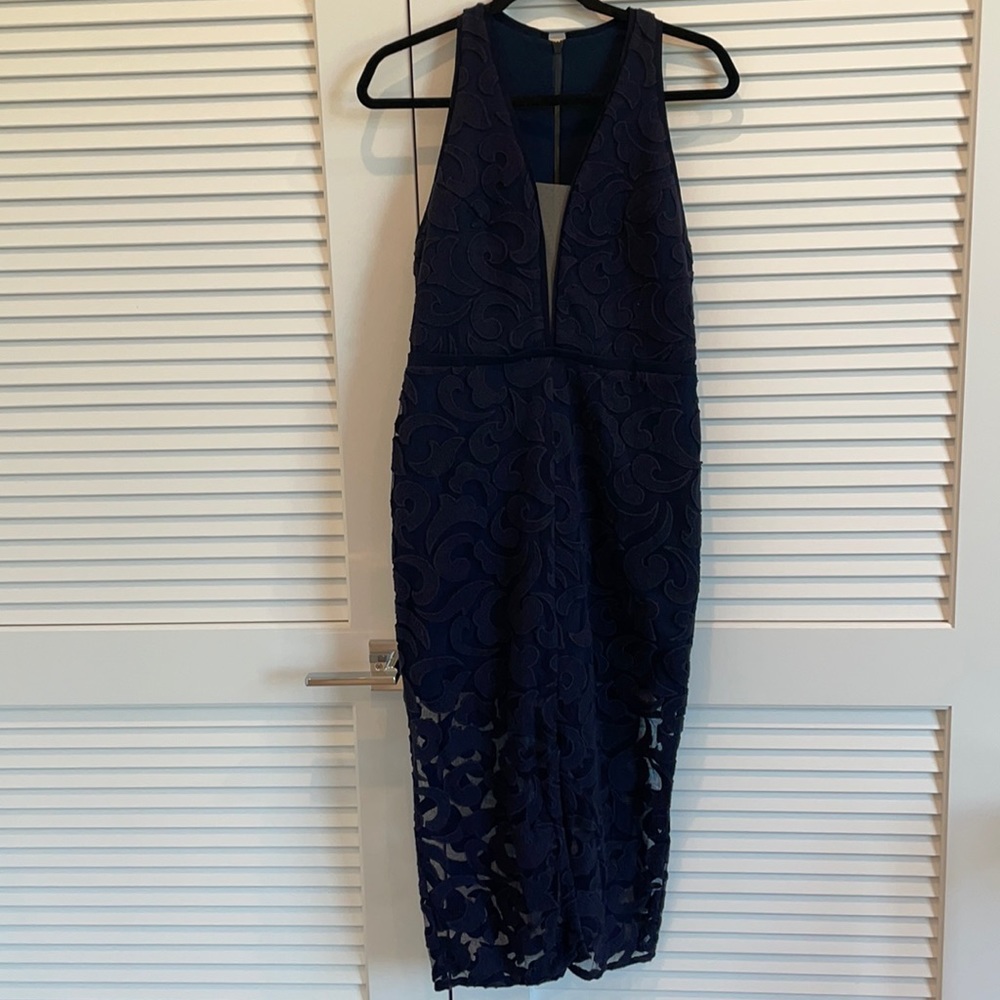 Manning Cartell navy deep v lace sheath dress with racer back style back